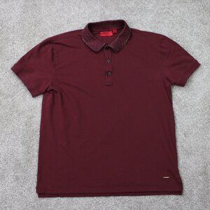 BOSS Hugo Boss Polo Shirt Mens Large Red Slim Fit Contrast Sparkle Collar Cotton